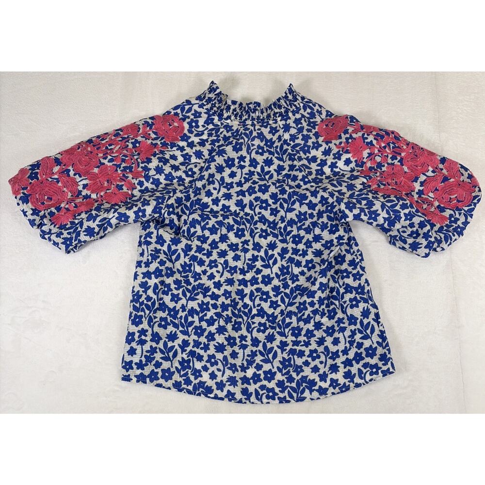 THML Top Sz XS Blue/Tan w/ Embroidered Floral Pink Puff Sleeves Smocked Neck - Picture 9 of 11